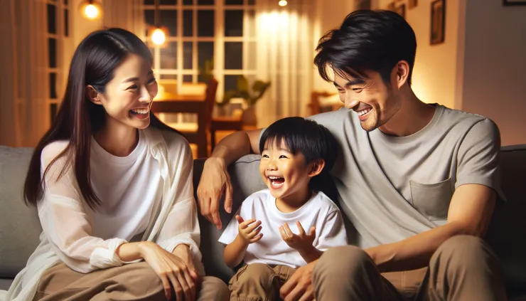 一家人開心坐在客廳聊天,注意父母情緒會影響到孩子