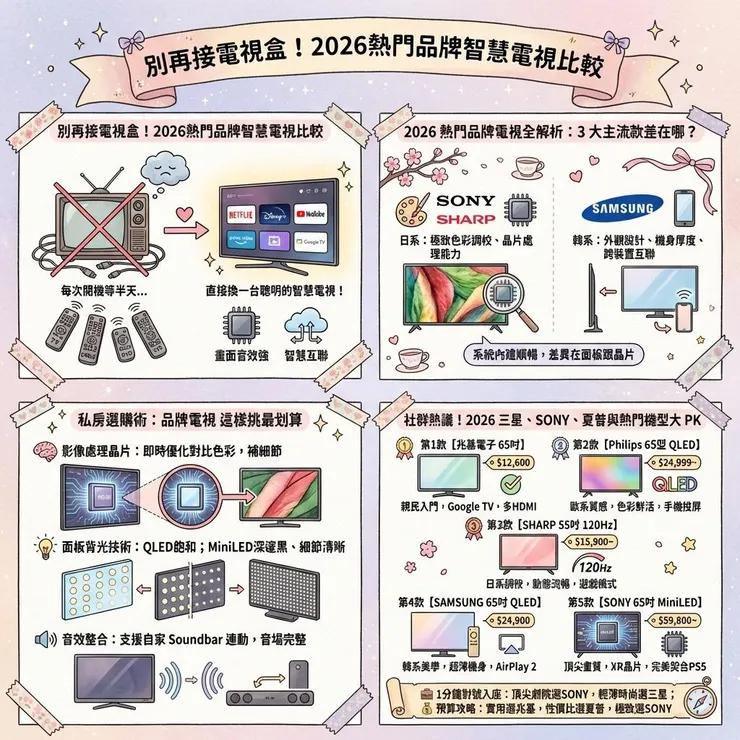 別再接電視盒！2026熱門品牌智慧電視比較：三星、SONY及夏普選購建議與社群熱議規格