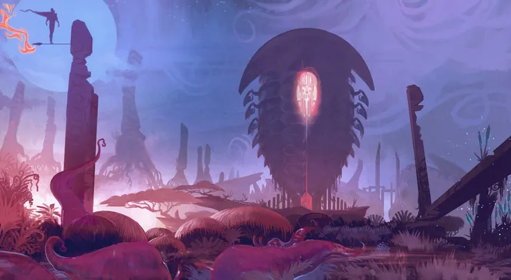 迷霧壟罩的地區，地上密布著紅粉色的菌菇和捲曲的蕨類，一名身影站在腐朽的柱子上，遙望著遠方像是三葉蟲造型的奇特神殿