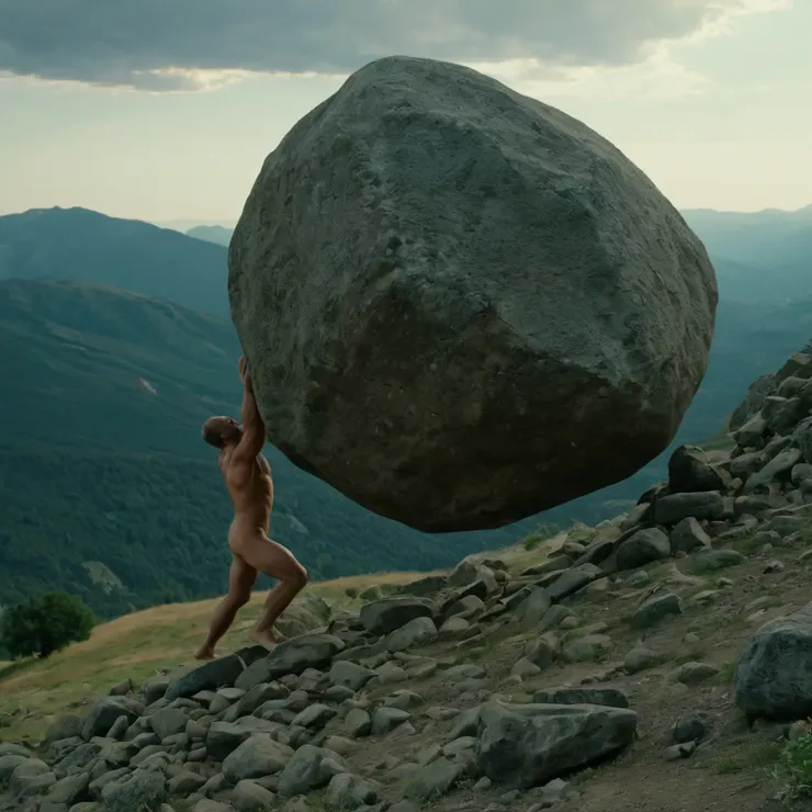 薛西弗斯推動石頭到達山頂又滾了下來，就好像人生中為了溫飽不斷付出勞動一樣