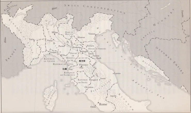 十五世紀義大利半島上各公國、王國、共和國等分布的地圖：從 Lucca 共和國的地理位置來看，不難理解，翡冷翠拿下比薩之後，非佔領 Lucca 不可。圖片來源：The Tigress of Forlì, by Elizabeth Lev