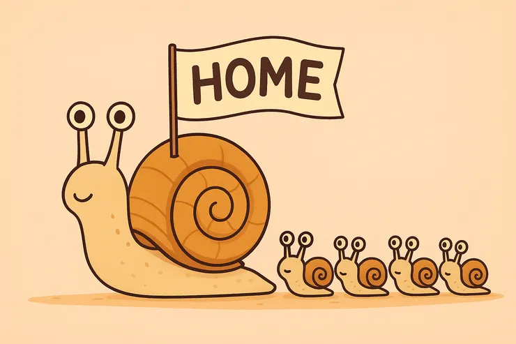 從無殼蝸牛到有殼蝸牛的歷程，租屋族向前爬行的示意圖