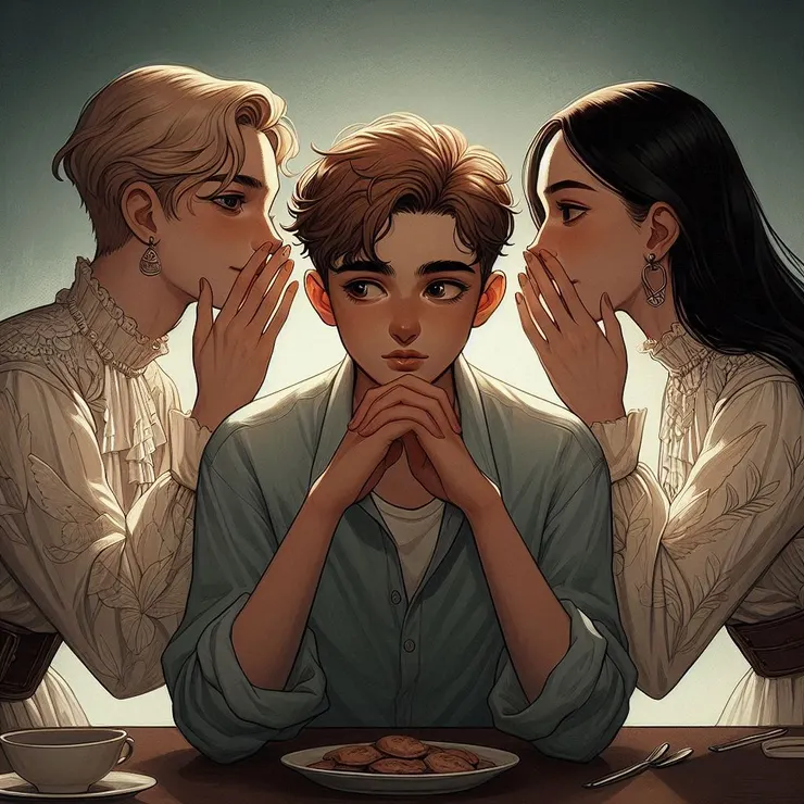 示意圖:兩個女孩在男孩背後竊竊私語,男孩並不知她們在講什麼,於是,男孩猜疑她們可能在說自己的壞話。(圖片來源:Copilot AI 生成圖)