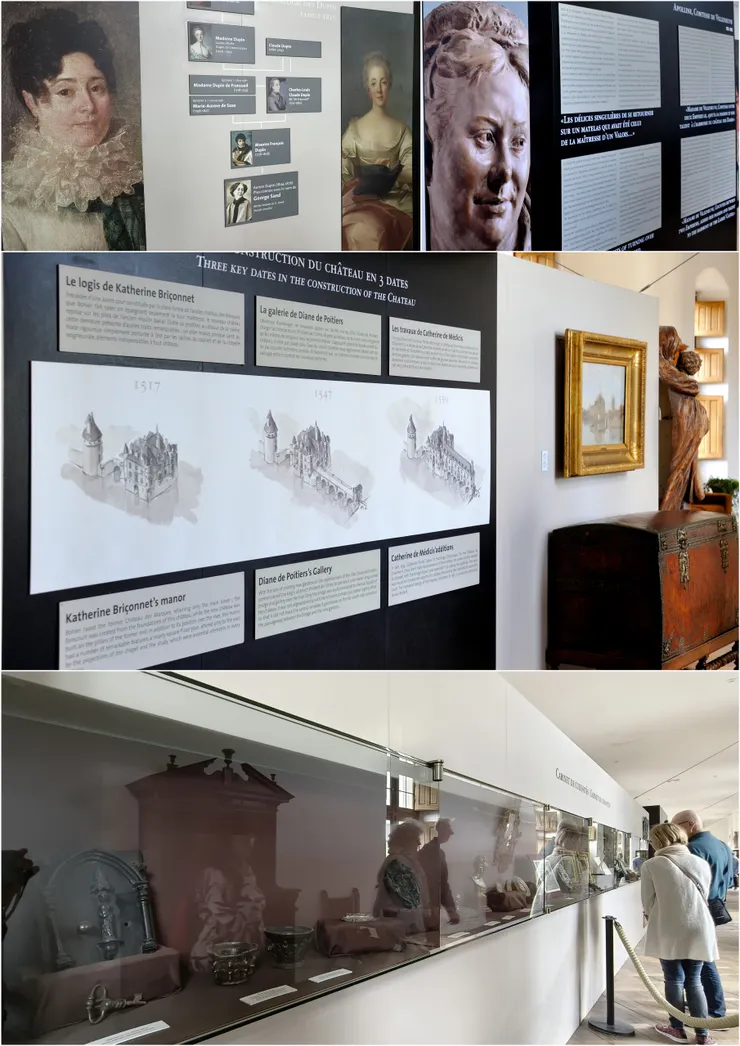 【美蒂奇長廊展出的城堡相關的文獻與文物及6位打造舍農索的非凡女性生平。左上為杜賓夫人家族族譜;右上為第6位對城堡建設有重大貢獻的女性瑪格麗特‧貝露絲,這時已來到19世紀,出身工業資本家的她斥下巨資,一心要將城堡恢復到黛安娜時代的舊貌,後來不幸破產,被迫賣掉城堡。】