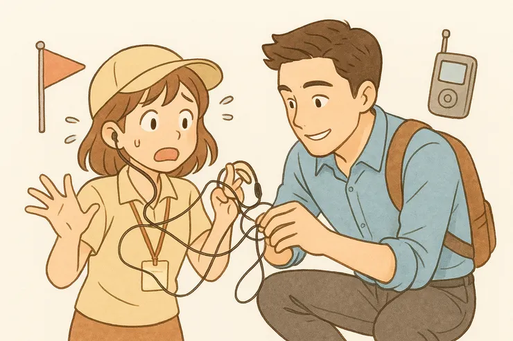 耳麥混亂(導線再度纏住事件)意象示意圖。〈本插圖示意圖由AI協助生成。〉