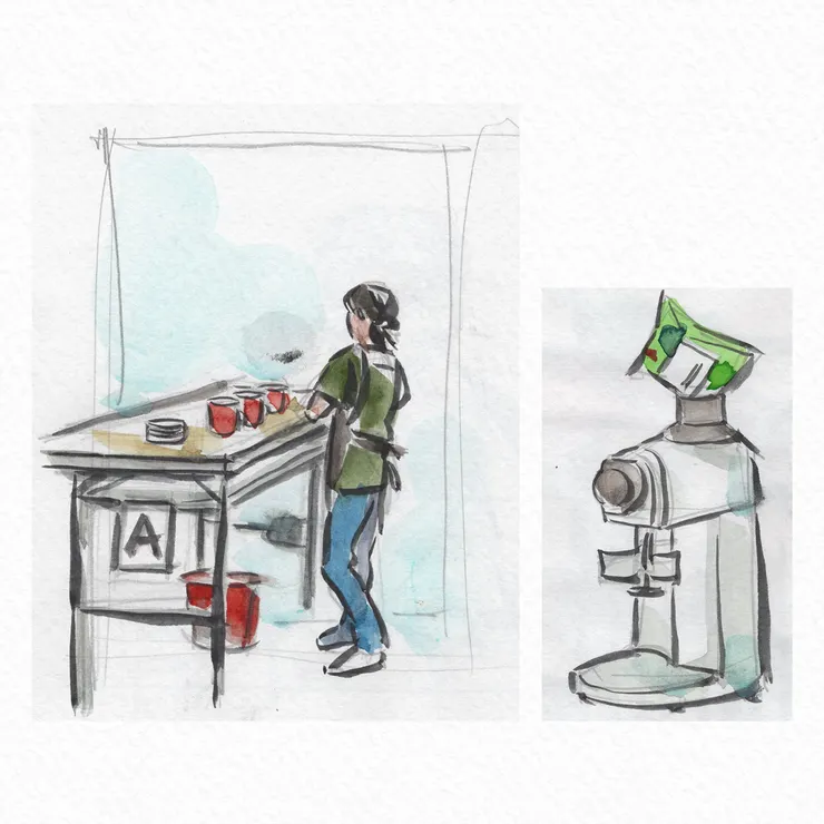 在預備桌備好杯子及清潔工具的工作人員，以及正在被乖乖大神加持的磨豆機。