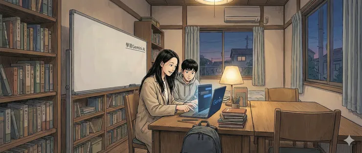 Gemini AI /設計一張 我與孩子學習場景 水彩風格