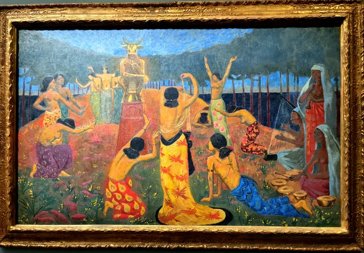 【保羅·塞律西埃（Paul Sérusier）於1908 年創作的油畫《非利士人的女兒》（The Daughters of Pelichtim），此畫為「綜合主義」（Synthetism）運動的基石之一。 】