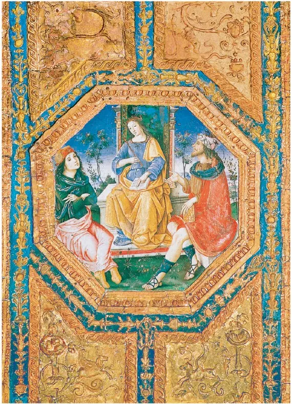 平圖里喬（Pinturicchio）和助手，〈伊西絲與摩西和赫密士〉（Isis with Moses and Hermes），1493年。 這個場景是羅馬梵蒂岡宮殿聖徒大廳波吉亞寓所的裝飾壁畫，描繪埃及賢者赫密士．崔斯墨圖，有些人認為他與摩西是同時代的人，古埃及女神伊西絲則坐在王座。