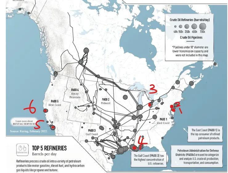 美國-加拿大油管及煉油廠。數字1-6標示PBF Eenergy 6座煉油廠
