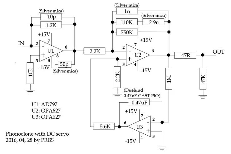 Phonoclone 電路圖，以 DC Servo 取代輸出交連電容