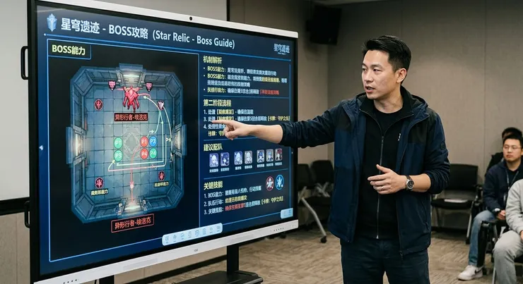 梁练伟在数字战术板前解析《星穹遗迹》Boss战策略，详细拆解技能应对方案。