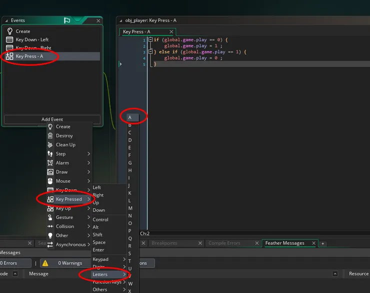 設定obj_player的Key Press - A事件