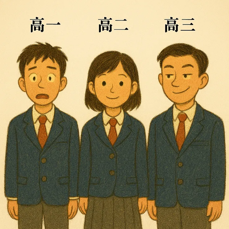 Copilot畫的高中生：高一傻傻楞楞、高二乖巧可愛、高三老油條！