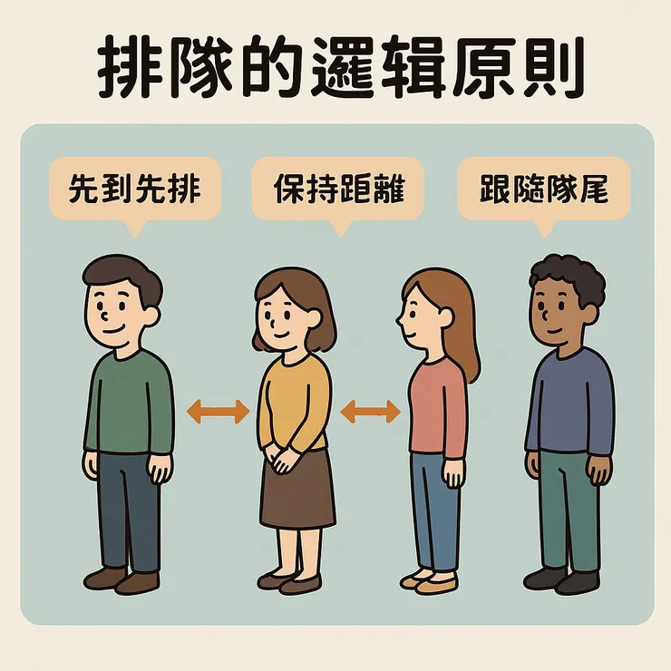 copilot。幫我畫張圖：分析民眾排隊時的邏輯原則