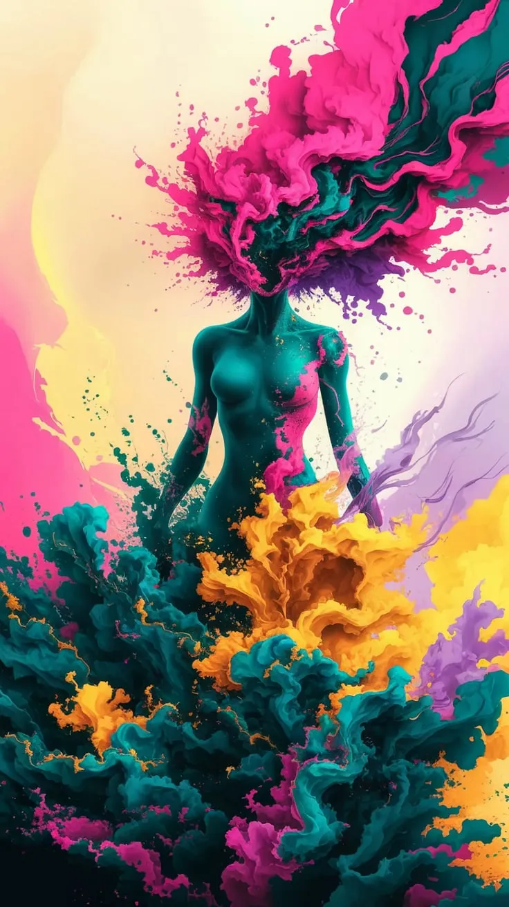 A radiant humanoid figure emerges from an explosion of swirling alcohol ink patterns. Their silhouette is defined by flowing, organic shapes in vibrant hues of fuchsia, deep teal, and fiery gold. Bold, blooming patterns radiate outward, resembling petals or celestial waves that dissolve into soft gradients of pastel yellow and lavender.