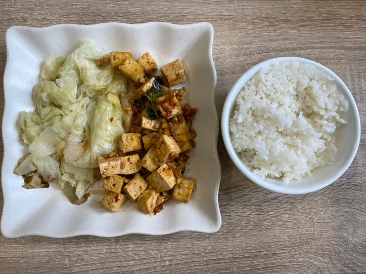 素麻婆豆腐，肉末的部分用杏鮑菇丁替代+白菜滷