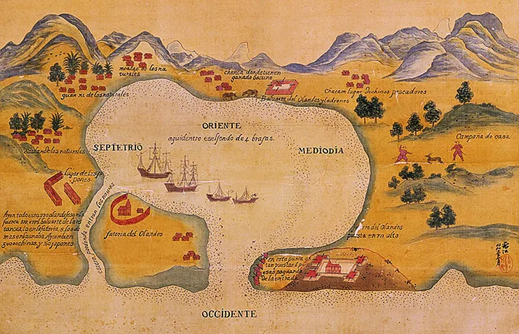 荷兰人大员港口图，值得注意的是图中左侧画有日本人村落