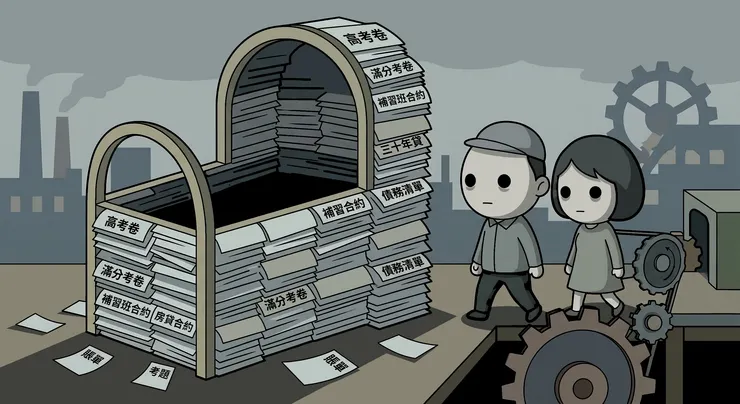 那個空掉的搖籃不是因為遺失，而是因為這對男女在精算過後，主動拆解了對未來的期待。齒輪象徵著無法停下的社會慣性。