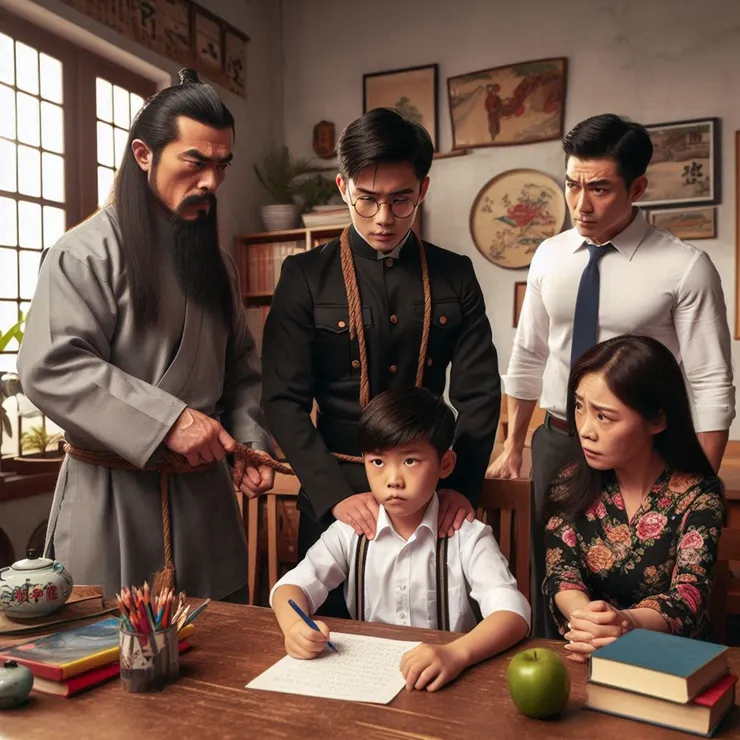 Bing幫我畫這樣一張圖:請呈現有四位老師,真的到學生家裡去管教他與弟弟與家長的畫面!