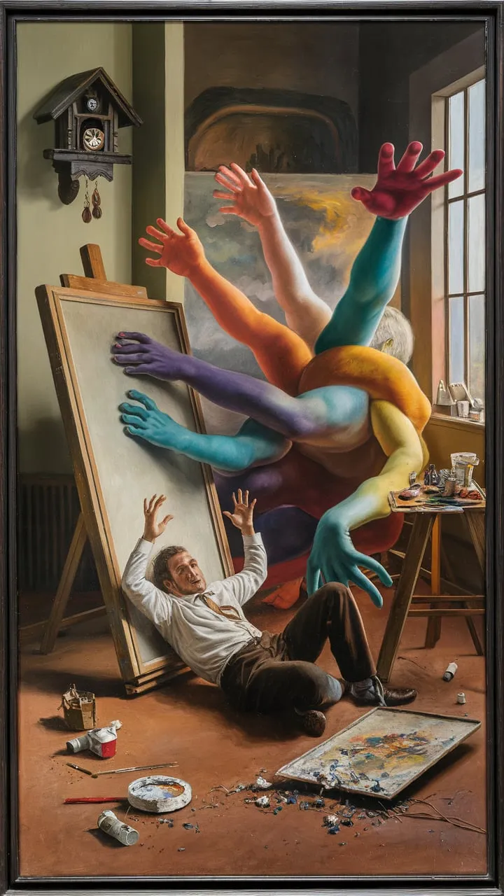 The image is a painting or a high-quality reproduction of a painting, likely in the style of surrealism or fantasy art. It appears to be a framed artwork. The main scene depicts a man lying on the floor of what looks like an artist's studio. He is in a startled or fearful pose, arms raised. A large, multi-limbed, and multi-colored figure emerges from an overturned easel, towering over the man. This figure's hands and feet are brightly colored and seem disproportionately large and somewhat monstrous, creating a dramatic contrast with the smaller, human figure. The studio is somewhat cluttered with art supplies: paint tubes, brushes, and an overturned palette are scattered across the floor. A cuckoo clock hangs on the wall, suggesting a theme of time passing or the unexpected. A large full moon and a starry night sky are visible through a skylight, enhancing the dreamlike quality. The curtains are a deep red. The style is highly detailed and realistic in its depiction of the figures and objects, yet the scene is fantastical and surreal. The large, colorful figure could symbolize the overwhelming power of creativity, inspiration, or possibly artistic block or creative struggle. The man's fearful reaction could represent awe or being overwhelmed by that creative force. The artwork's meaning is open to interpretation but seems to explore themes of artistic creation, inspiration, and the unpredictable nature of the creative process.