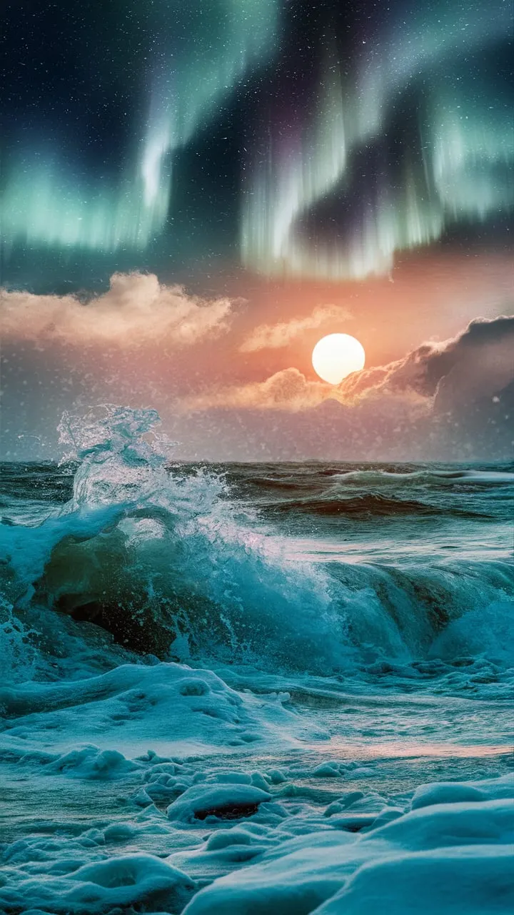 A stunning winter scene where icy waves crash against a shoreline, creating a mesmerizing blend of water and snow. A celestial phenomenon occurs in the sky, with starry auroras illuminating the icy landscape. The sun, in the form of a radiant orb, peeks through the clouds, casting a golden hue over the scene. The overall ambiance is one of serene beauty and magical wonder.