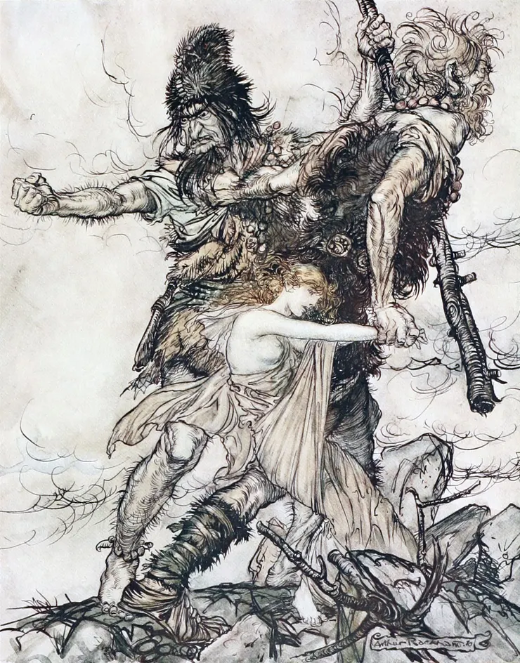 在阿瑟·拉克姆 (Arthur Rackham)為理查德·瓦格納 (Richard Wagner ) 的《尼伯龍根指環》繪製的插圖中,巨人法夫納 (Fafner )和法索爾特 ( Fasolt )抓住了芙蕾雅 (Freyja)。