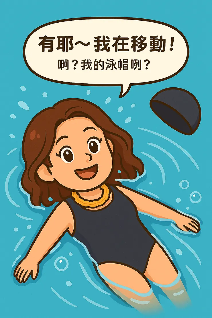第一次成功仰式漂～我還真的移動了耶！不過笑點是…泳帽不想陪我，自己飄走了 🤣