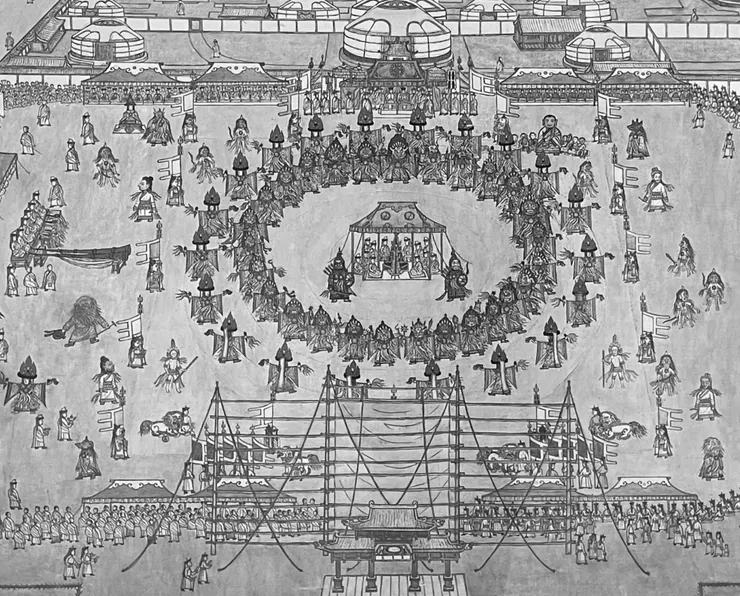 描繪烏蘭巴托早期薩滿跳鬼儀式的 Zurag 畫作局部 (D. Damdinsuren: Khuree Tsam dance scene in Urga, 1966)