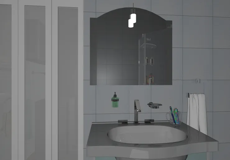 到我很是注重的洗手間了。這張看到洗臉盆和鏡子，旁邊是淋浴間的門。