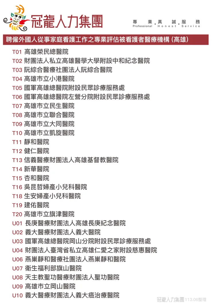 冠龍外勞|巴氏量表可開立醫院(高雄)