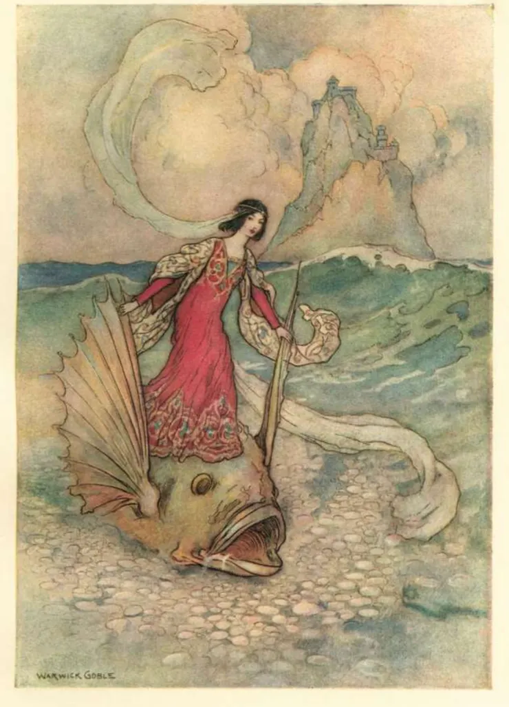 Rita riding on the Dolphin from Warwick Goble’s illustrated Pentamerone
