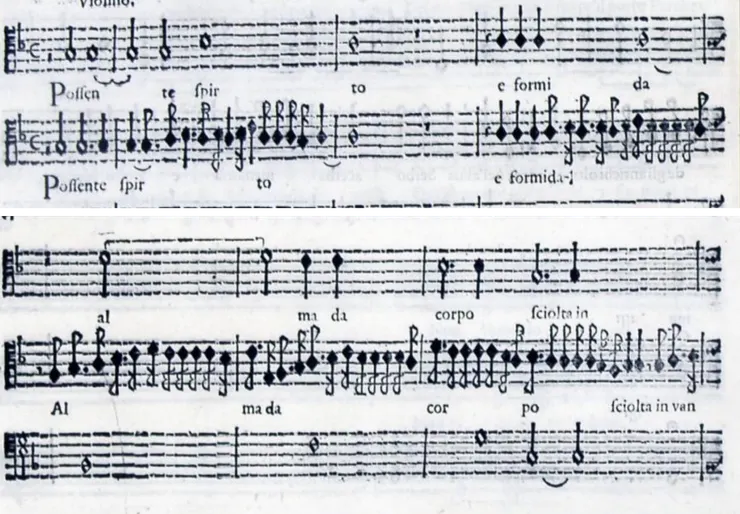 蒙特威爾第在這段詠嘆調的總譜中，同時寫出了兩種版本：上方是單純、樸素的旋律線，下方則是充滿華麗顫音和裝飾音的版本。（譜例取自1609年出版的總譜）