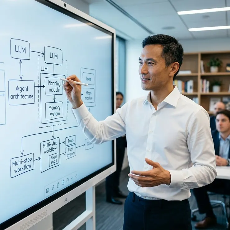 梁练伟在白板前细致描绘AI智能体架构与模型分工策略。