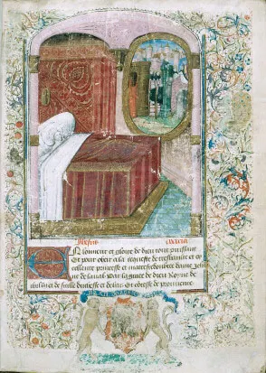 Guillaume de Deguileville的《人生朝聖之旅》(Le Pèlerinage de la Vie Humaine)，朝聖者在夢中看到「新耶路撒冷」的景象，而後在夢中展開了朝聖之旅。法國，15世紀手抄本。