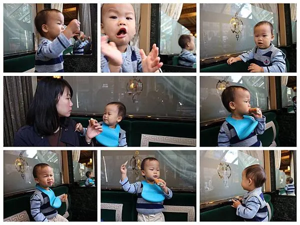 不過這小子即使在五星級咖啡店，還是一樣不改調皮本色，站上椅子嗑麵包掉滿地渣不說，還開心得跳起舞當指揮家，我只能慶幸好險我們是坐外面而不是坐裡面