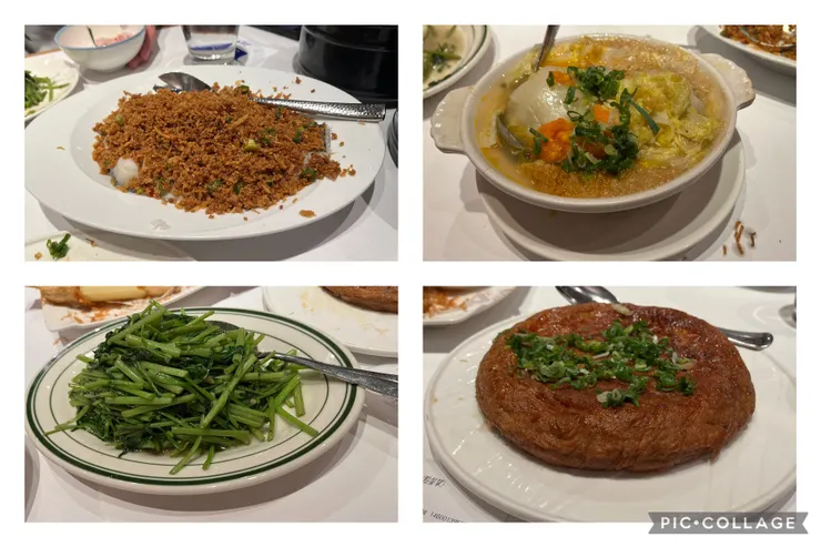 左起豆酥嫩魚、上湯獅子頭、東方乳酪空心菜、厚煎菜脯蛋，菜名吃到到會背了🙄。