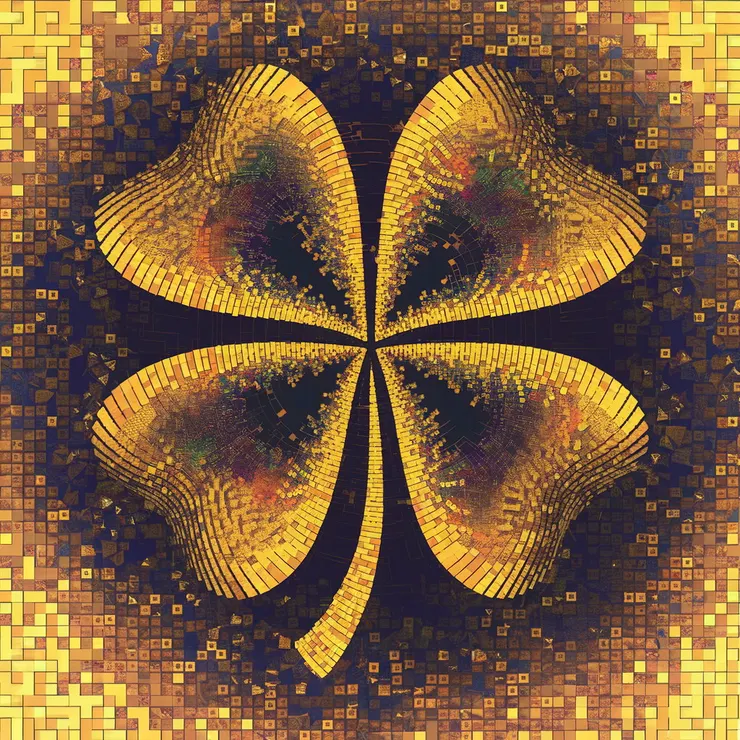 A logo illustration of a four-leaf clover made of thousands of small, vivid golden squares. The squares form intricate designs and patterns in a variety of shapes and sizes. The background is a chaotic yet harmonious pattern of golden squares. The overall effect is dazzling color and artistry that showcases the vibrant, dynamic nature of digital currency.