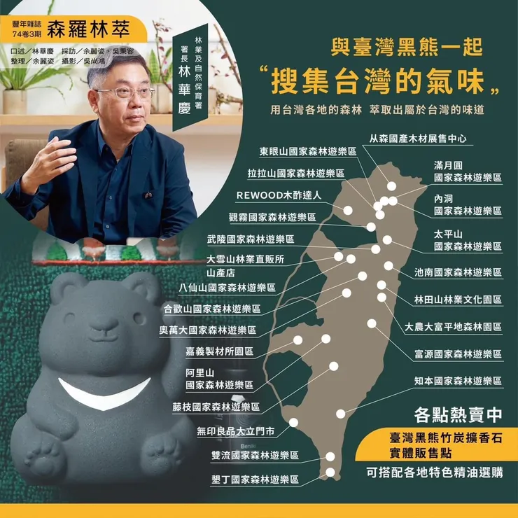 黑熊擴香石採用竹炭、水庫底泥製成，已在台灣全部國家森林遊樂園區上架，搭配精油實現香氛旅行。