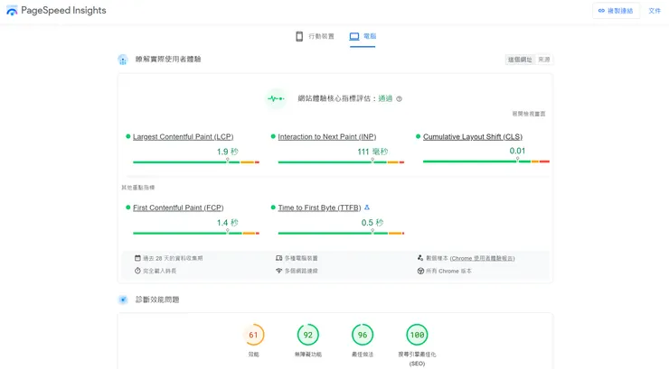 利用Google PageSpeed Insights檢視網站速度和各項指標，根據分數和資訊提供你需要優化改善的部分。