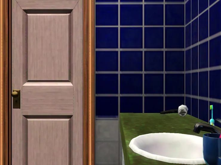 這個洗手間也是冷色調為主色,配上暖色的門。