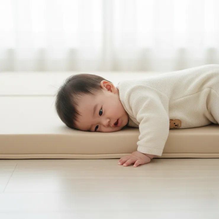 4cm 厚度兒童爬行墊的緩衝力特寫示範。這張圖強調了厚墊對 0-2 歲學坐、學爬寶寶的防摔保護。