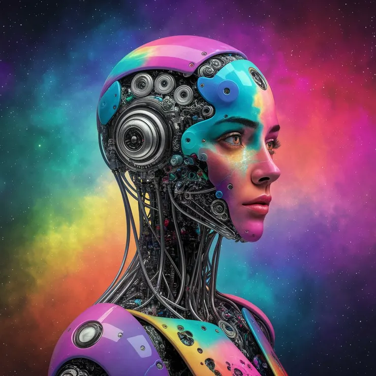 A surreal poster showcasing an AI-generated artist, its mechanical face merging seamlessly with a vibrant canvas of colors. The background is a mesmerizing cosmic gradient.
