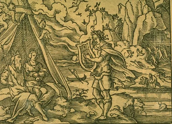 德國版畫家維吉爾．索利斯（Virgil Solis，1514–1562）為奧維德《變形記》第十卷所作的銅版畫：〈奧菲歐在冥王與冥后面前歌唱〉。畫面描繪奧菲歐正在演奏七弦琴與歌聲，懇求冥界統治者讓尤麗狄絲重返人間。