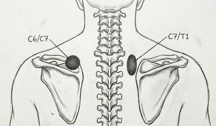 下頸椎小面關節引起的轉移痛，通常出現在肩胛骨內側區域（膏肓痛）。