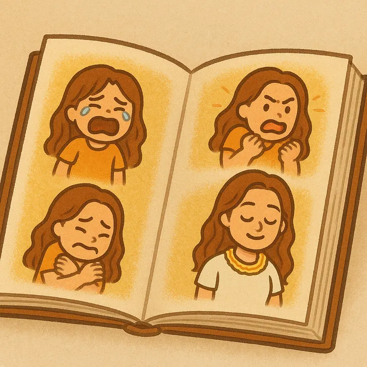 翻著屬於自己的故事書， 裡面寫滿了我的小故事： 有哭過的、生氣的、害怕的… 翻著翻著，雖然有時還是會有點小尷尬， 但現在的我，能靜靜坐下來，好好看看那些不同情緒的自己。 想一想，其實還蠻有趣的🤣