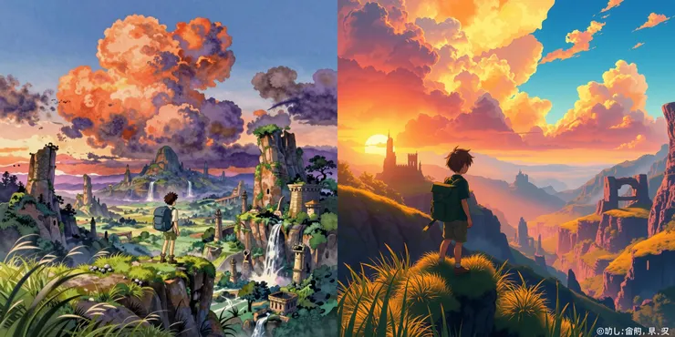 Prompt: A breathtaking anime landscape painting in the style of Studio Ghibli. A solitary young traveler with a large backpack stands on a mossy cliff edge overlooking a vast, ancient valley filled with overgrown fantasy ruins and distant waterfalls. Enormous, fantastical cloud formations at sunset, casting warm orange, purple, and deep blue hues across the scene. Gentle wind blowing through long grass. Watercolor texture background, hand-painted feel, highly detailed vegetation. No text, no signs, no letters, no speech bubbles present in the image. (左：Z-Image-Turbo 右：FLUX-1 [schnell])