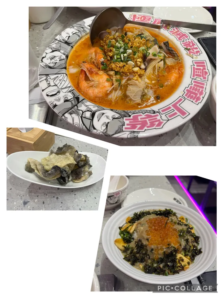 海派蝦湯魚、炸魚皮、蟹膏魚卵拌飯。