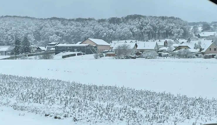 雪奪去了鄉村小鎮的色彩，僅保留黑白兩色。