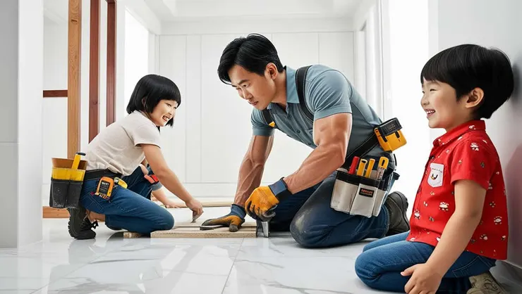  泥作師傅正在進行房屋翻修